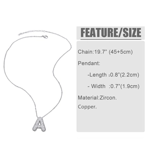 Detail of bubble letter A pendant with cubic zirconia inlay and size measurements
