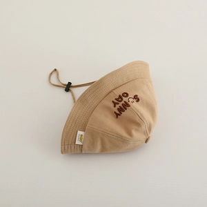 Detail of kids bucket hat with sunny day embroidery and adjustable chin strap