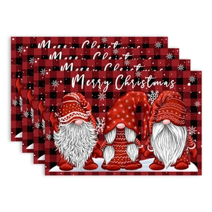 Christmas gnome placemats set with Merry Christmas text and red buffalo plaid design