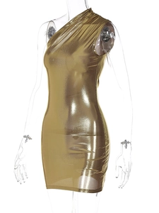 Detail of metallic gold bodycon mini dress with one-shoulder design and reflective finish