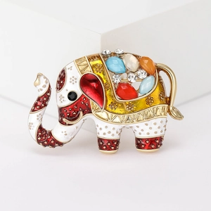 Detailed view of colorful enamel elephant brooch with sparkling crystal rhinestones