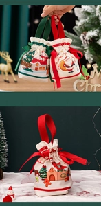 Detailed view of red and green knitted Christmas gift bags with Santa Claus patterns