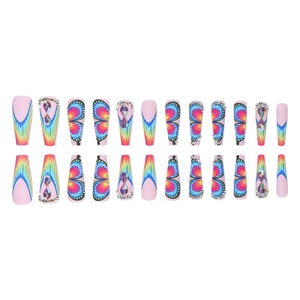 Rainbow butterfly press-on nails with gradient patterns and rhinestones on long coffin shape