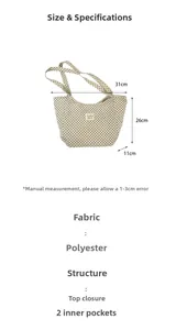 Detailed size specifications for polka dot tote bag with internal storage pockets