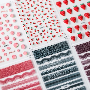 3D embossed nail stickers set with peach, cherry and fruit patterns for nail art design