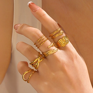 Geometric Layered Adjustable Rings For Women 18K Gold Plated Stainless Steel Cross Leaf Knot Design Fashion Jewelry