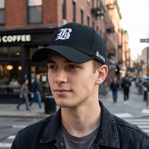 Black cotton baseball cap with 3D Boston embroidery worn by a model in city street