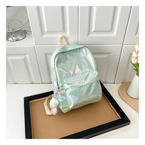 Detail view of pale green holographic laser backpack with metallic luster and plush pendant