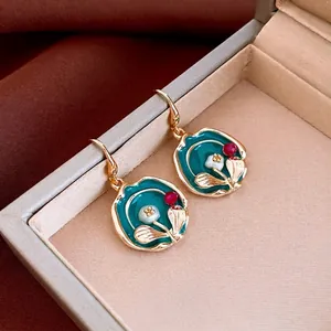 Vintage Enamel Flower Drop Earrings For Women Gold Plated Copper With Imitation Artificial Pearl And Red Zircon Chic Niche Jewelry