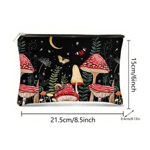 Canvas makeup bag with mushroom print and dimensions 8.5 x 6 inches for storage