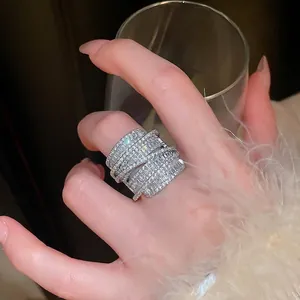 Statement Wide Band Ring For Women Multi Layer Wrapped Entangled Copper Zircon Micro Pave Rhinestone Korean Luxury Jewelry