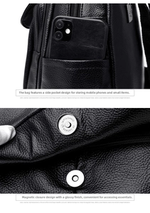 Detail of black lychee grain leather bag with side pocket and magnetic snap closure