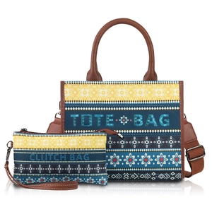Ethnic geometric canvas tote and clutch bag set with brown leather straps and handles