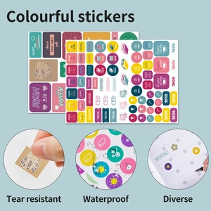 Detail of colorful waterproof stickers for budget planners featuring tear resistant design