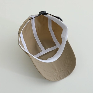 Khaki five-panel quick-dry camp hat with adjustable buckle strap and mesh details
