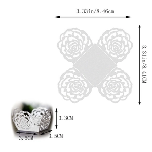 Detailed size chart of white laser-cut hollow rose wedding candy box with measurements