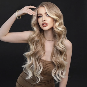 Long wavy blonde ombre lace wig for women with side part and glamorous big waves
