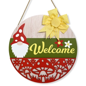 Wooden welcome door sign with gnome, red mushroom, and flowers for spring home decor