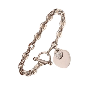 Silver stainless steel OT buckle bracelet with polished and pavé heart charms
