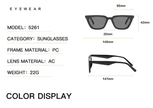 Detailed size chart for white cat-eye sunglasses with precise frame measurements in mm