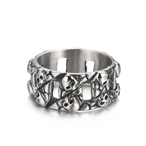 Vintage hollowed-out double-row skull ring in distressed stainless steel for men
