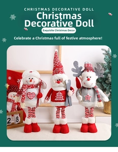 Detailed view of plush Santa, Snowman and Reindeer dolls with winter ski decorations
