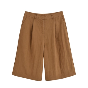 Women's brown high-waisted linen-blend wide-leg shorts with pockets for summer