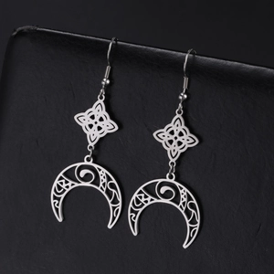 Silver stainless steel long dangle earrings with Celtic knot and crescent moon design