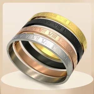 Roman Numeral Engraved Stainless Steel Bangle Bracelet Minimalist Geometric Hinged Jewelry Gift For Couples Elegant Classic
