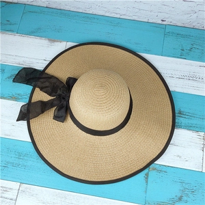 Detail of a straw sun hat featuring a wide black-edged brim and a translucent mesh bow