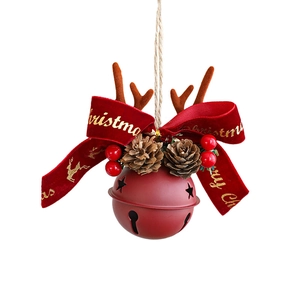 Christmas red bell ornament with brown antlers, pine cones and Merry Christmas bow