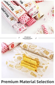 Detail view of greaseproof heart pattern wax paper wrapping a snack roll with 50 sheets
