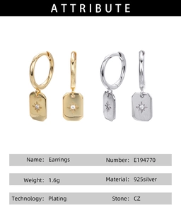 Detail view of S925 sterling silver star drop earrings with CZ stone inlay and weight specs