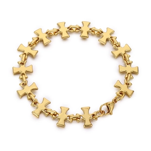 Minimalist gold stainless steel cross link bracelet with lobster clasp on white background