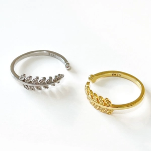 Minimalist Leaf Wheat Ear Open Adjustable Rings 925 Sterling Silver Platinum Gold Plated Retro Jewelry For Women