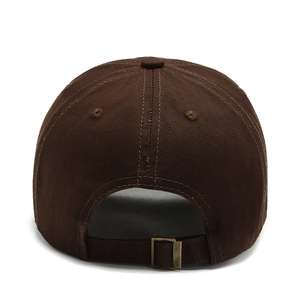 Back view of distressed brown cotton baseball cap with adjustable bronze metal buckle