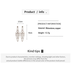 Detailed view of rhinestone tassel earrings with dimensions and material specs