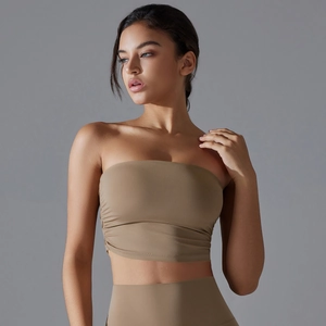 Close-up of khaki ruched tube top and high waist sports set with premium matte texture