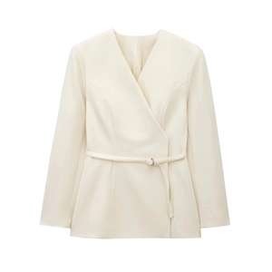 Elegant off-white V-neck blazer for women with matching belt and minimalist professional look