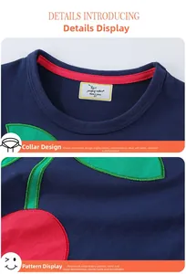 Close-up of girls' navy cotton knit dress with cherry embroidery and ribbed crew neck