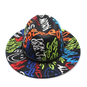Black wool fedora with colorful graffiti prints and street style inspirational slogans