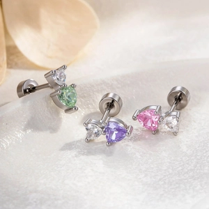 Double Heart Cartilage Earring Stud Titanium Steel Copper Zircon Candy Color Screw Back Piercing For Women Girls