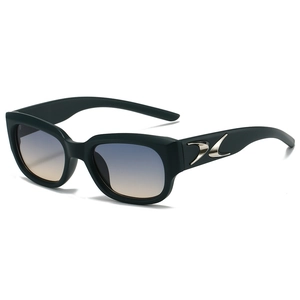Trendy square sunglasses with dark green frames and blue-yellow gradient lenses for outdoor use