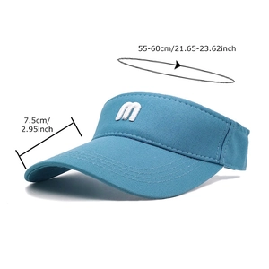 Blue sun visor hat with letter embroidery showing 7.5cm brim and 55-60cm head size