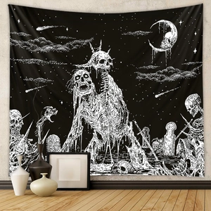 Gothic skull tapestry with skeletons and graveyard moon for bedroom wall decor