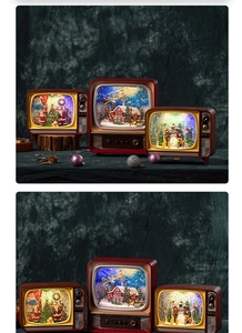 Close-up of vintage TV music box with lighted Christmas scenes and snow globe feature