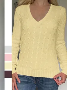 Pull Torsadé Pour Femme Col En V Manches Longues Couleur Unie Mélange De Viscose Pull Décontracté Hiver Automne