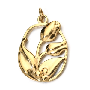 Close-up of golden oval hollow tulip pendant in stainless steel with detailed textures