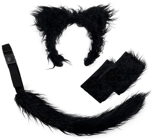 Three-piece black faux fur wolf costume set with ears headband and adjustable plush tail