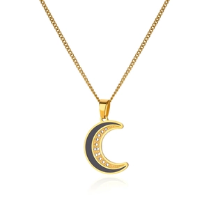 Macro view of gold crescent moon pendant with grey enamel and sparkling zircon stones
